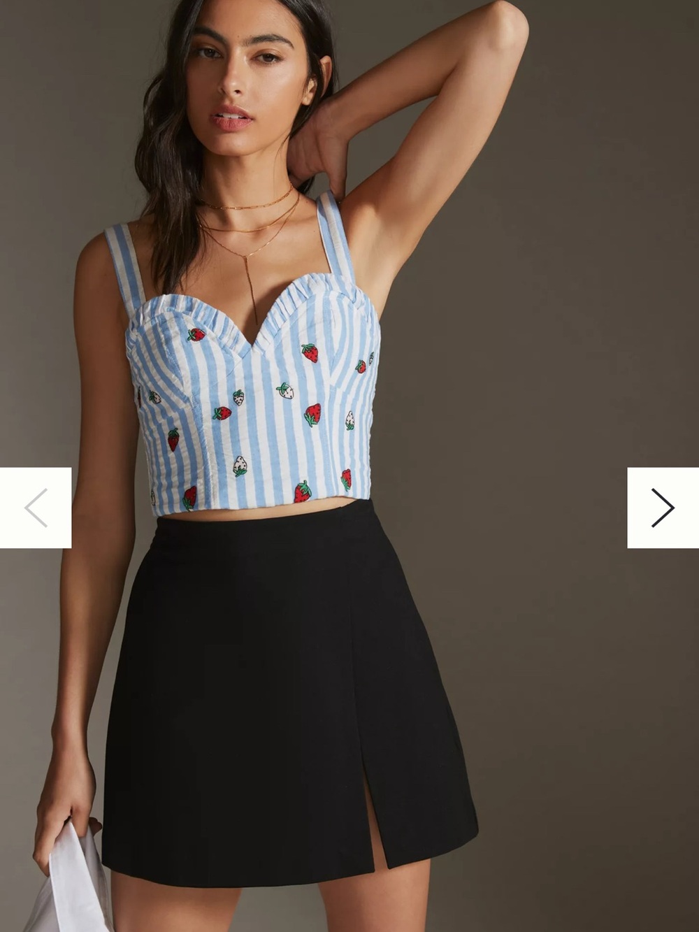 Maeve Blue-and-White Striped Cropped Tank with Strawberry Embroidery